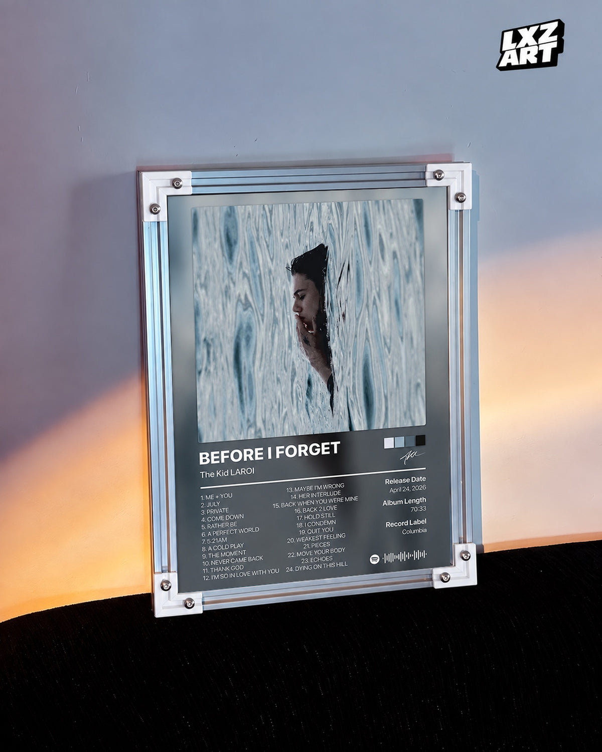 The Kid LAROI Before I Forget Tracklist Poster — warm light wall; frame for display only