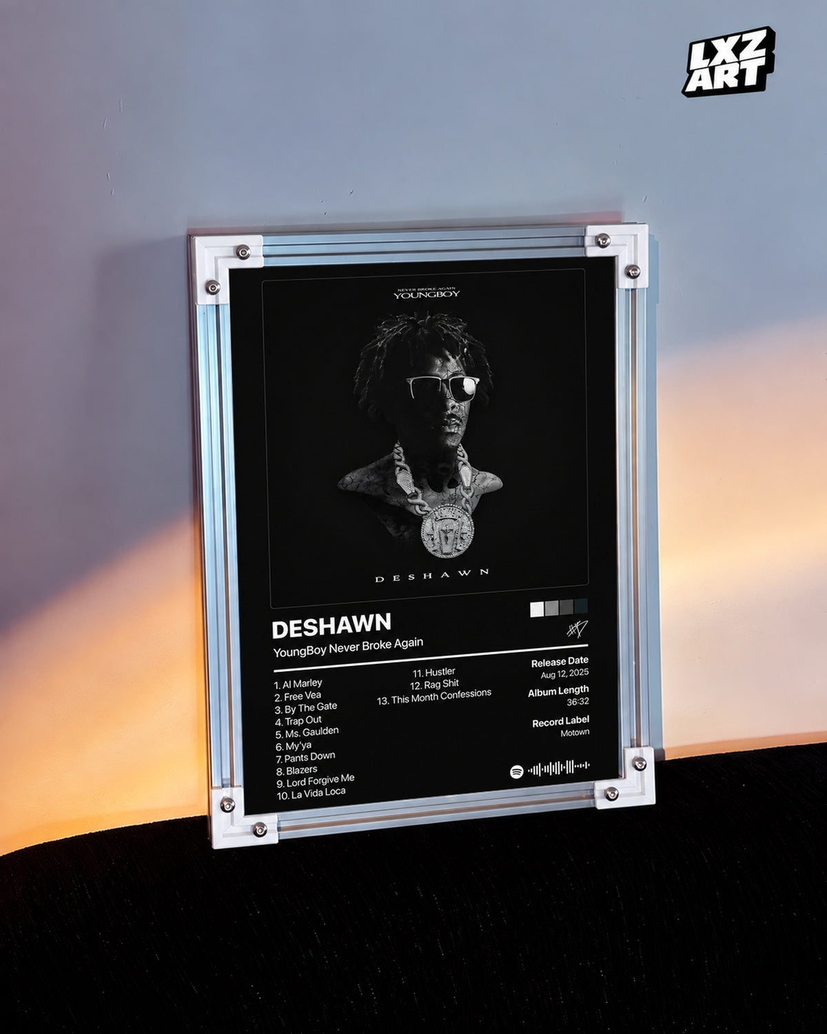 YoungBoy Never Broke Again DESHAWN Tracklist Poster — warm light wall; frame for display only
