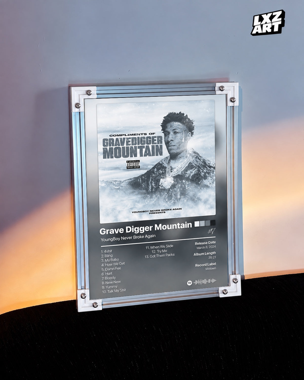 YoungBoy Never Broke Again Grave Digger Mountain Tracklist Poster — warm light wall; frame for display only