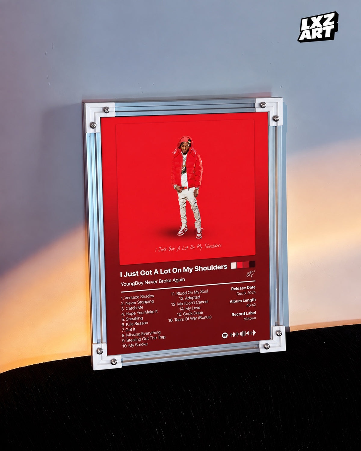 YoungBoy Never Broke Again I Just Got A Lot On My Shoulders Tracklist Poster — warm light wall; frame for display only