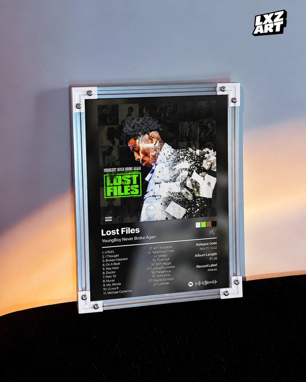 YoungBoy Never Broke Again Lost Files Tracklist Poster — warm light wall; frame for display only