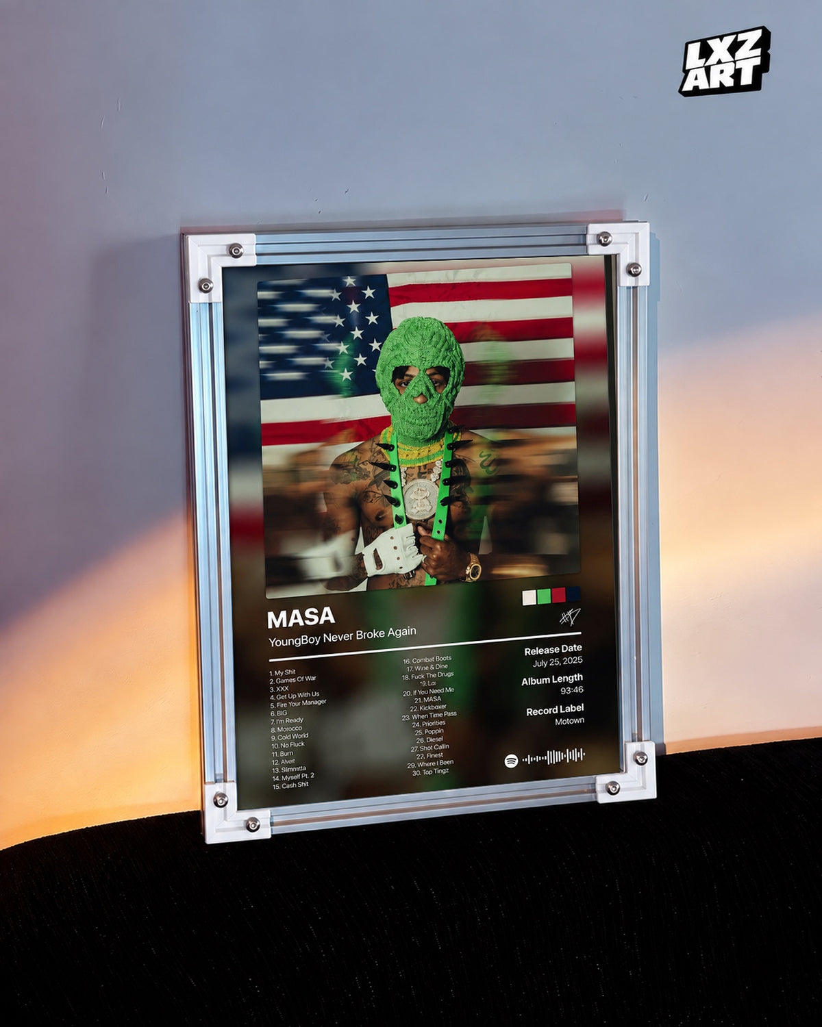 YoungBoy Never Broke Again MASA Tracklist Poster — warm light wall; frame for display only