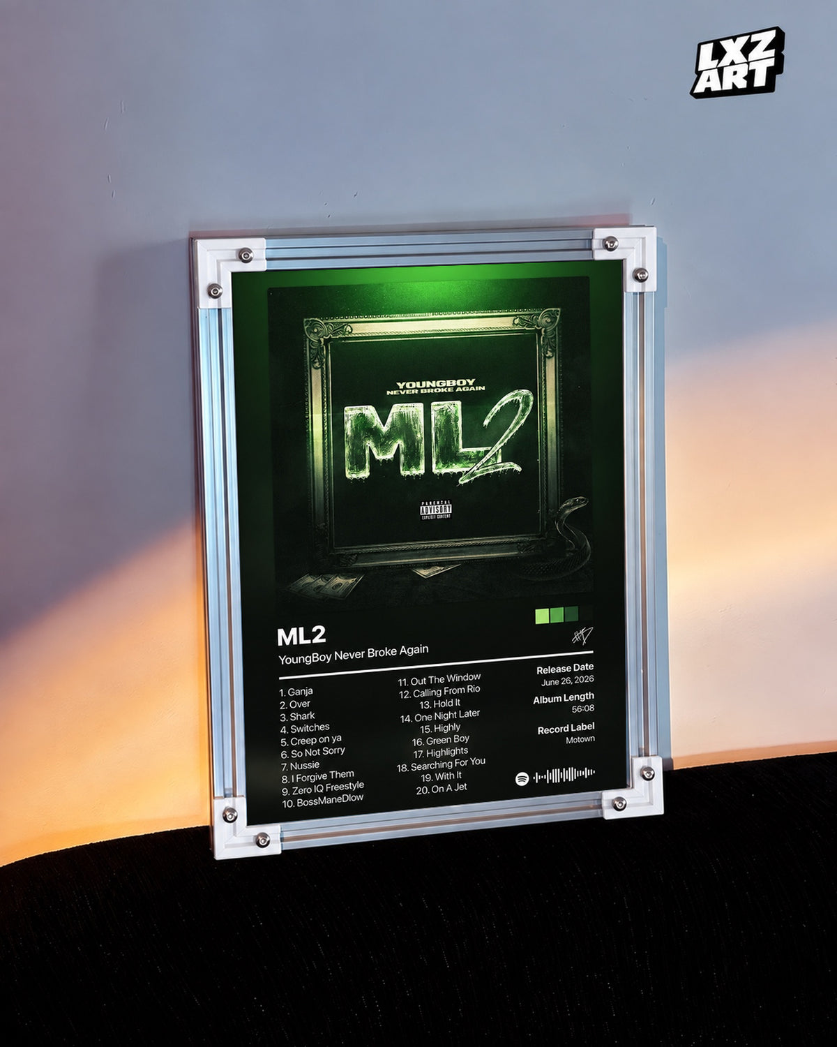 YoungBoy Never Broke Again ML2 Tracklist Poster — warm light wall; frame for display only