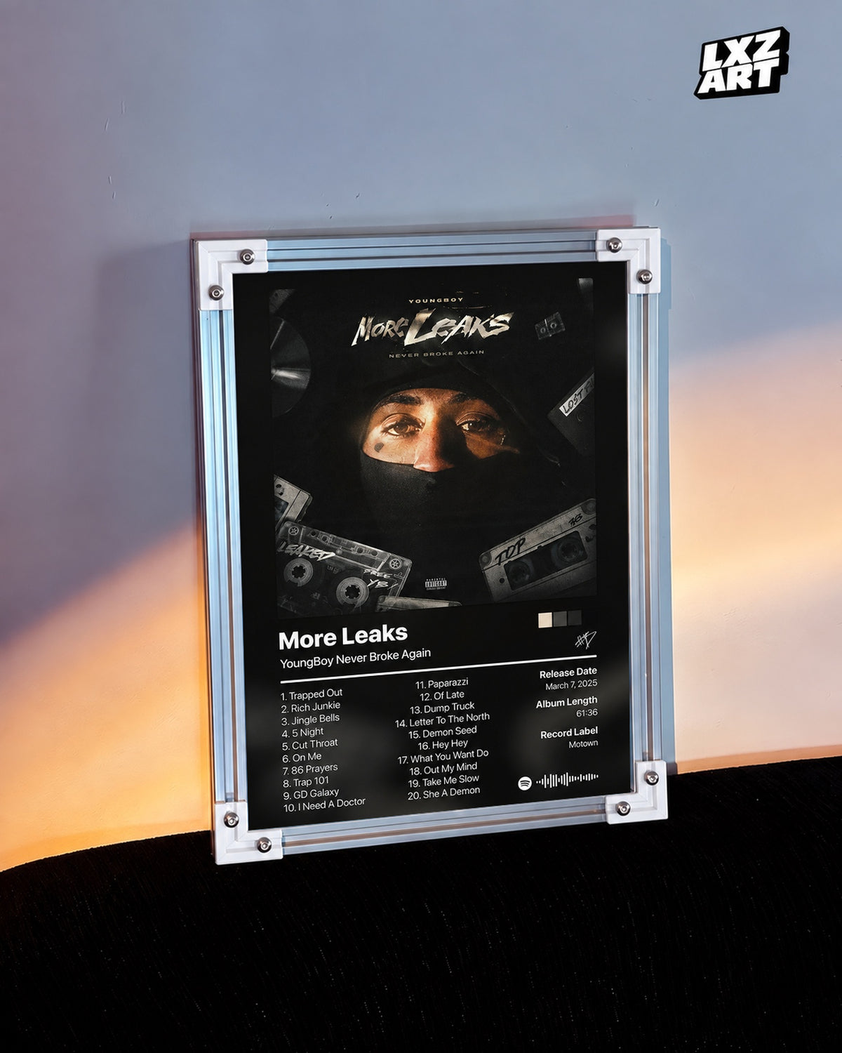 YoungBoy Never Broke Again More Leaks Tracklist Poster — warm light wall; frame for display only