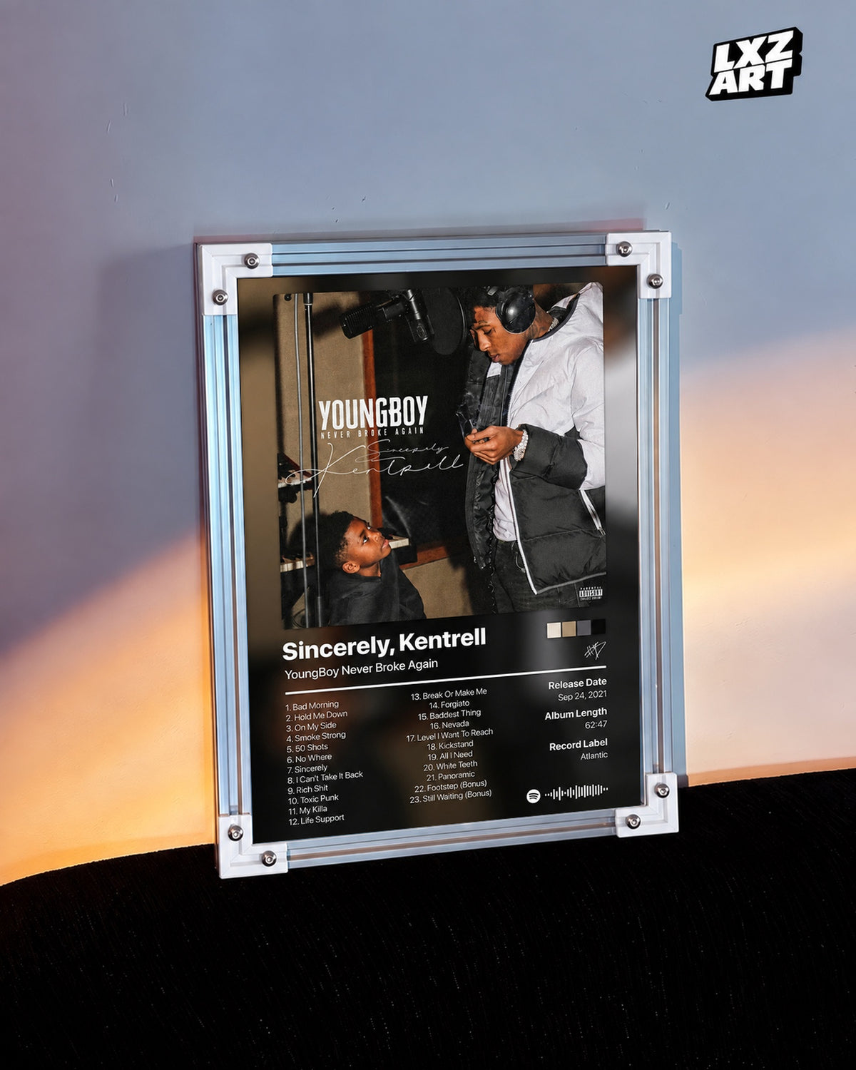 YoungBoy Never Broke Again Sincerely Kentrell Tracklist Poster — warm light wall; frame for display only