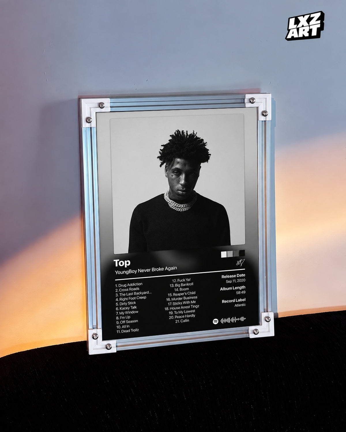 YoungBoy Never Broke Again Top Tracklist Poster — warm light wall; frame for display only