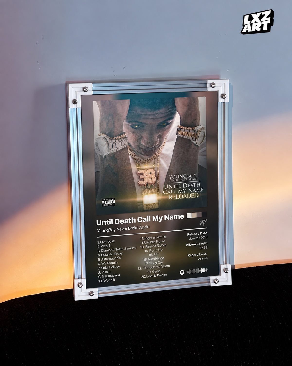 YoungBoy Never Broke Again Until Death Call My Name Tracklist Poster — warm light wall; frame for display only