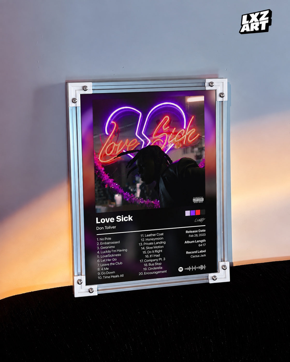 Don Toliver Love Sick Tracklist Poster — warm light wall; frame for display only