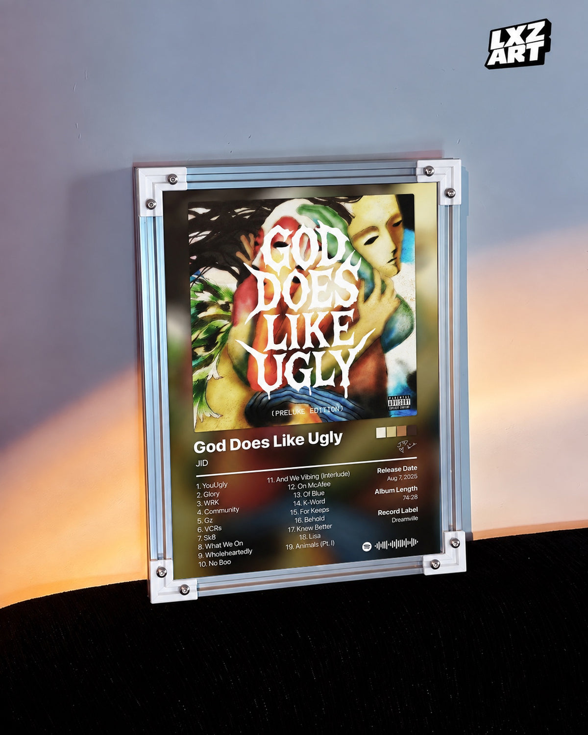JID God Does Like Ugly Prelude Edition Tracklist Poster — warm light wall; frame for display only