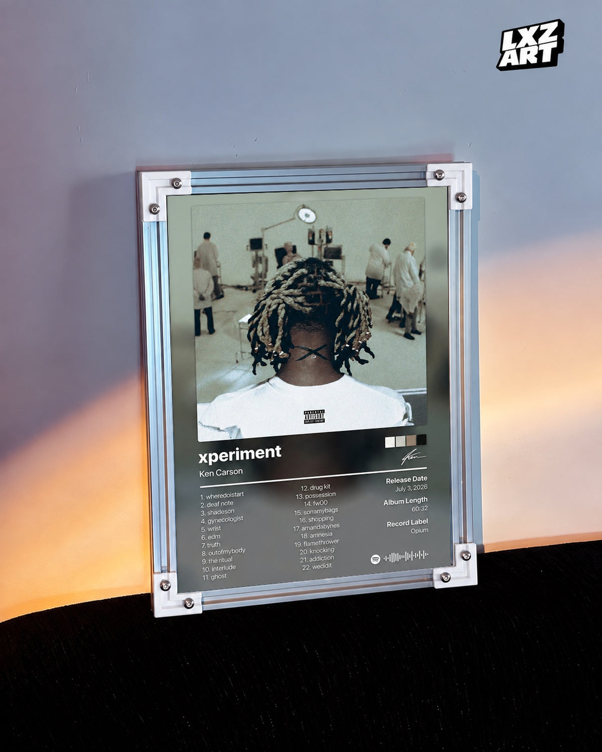 Ken Carson xperiment Tracklist Poster — warm light wall; frame for display only