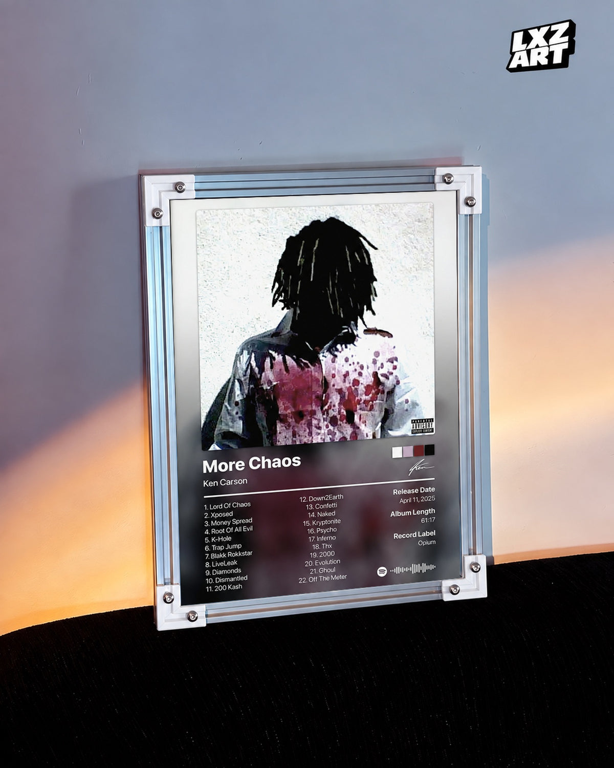 Ken Carson More Chaos Tracklist Poster — warm light wall; frame for display only