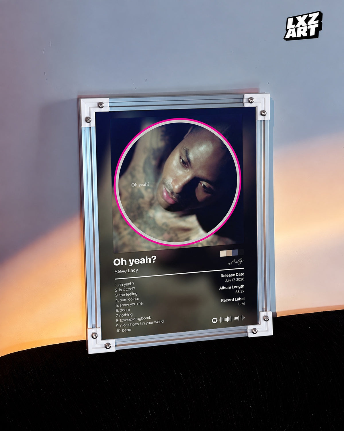 Steve Lacy Oh Yeah? Tracklist Poster — warm light wall; frame for display only