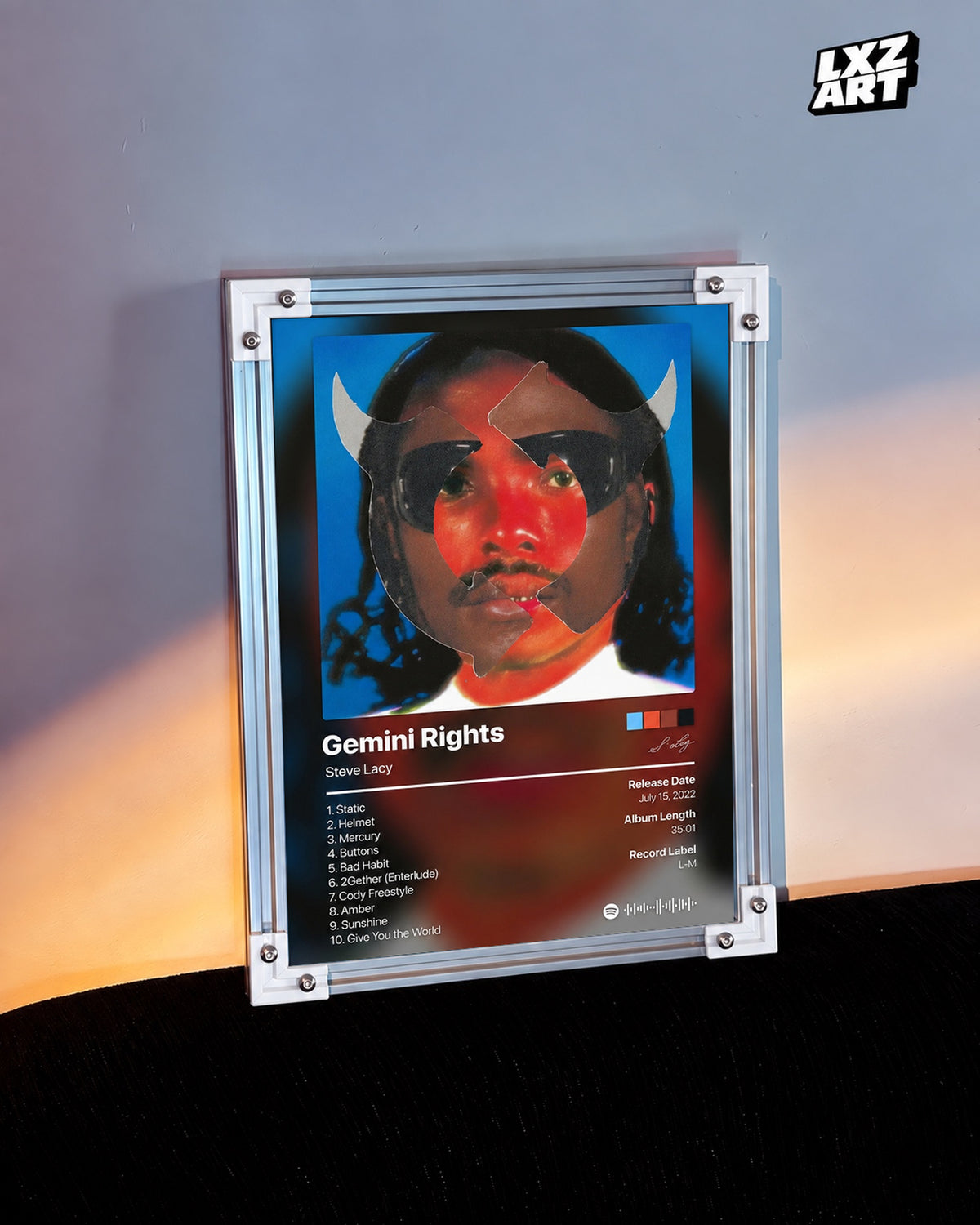 Steve Lacy Gemini Rights Tracklist Poster — warm light wall; frame for display only
