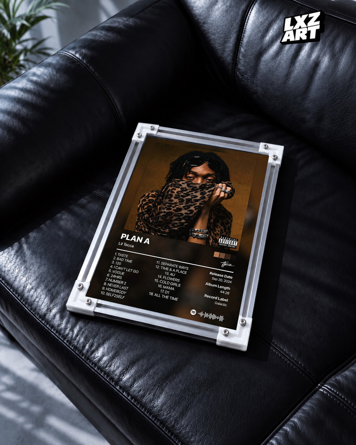 Lil Tecca PLAN A Tracklist Poster — black leather sofa; frame for display only