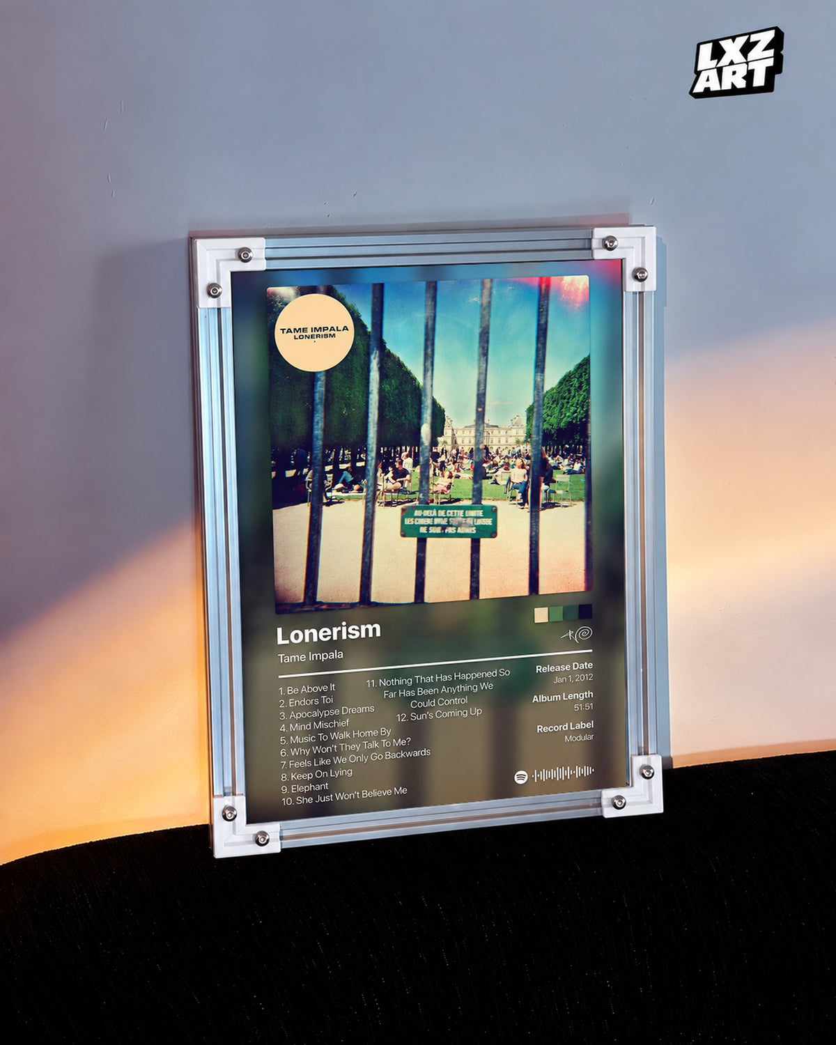 Tame Impala Lonerism Tracklist Poster — warm light wall; frame for display only