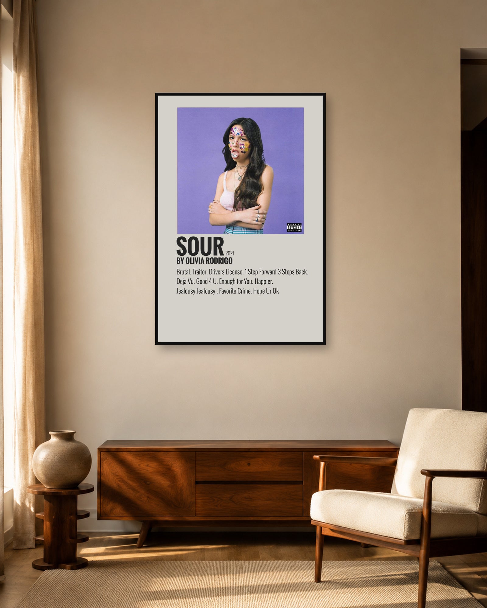 Olivia Rodrigo SOUR Minimalist Album Tracklist Poster | Unframed Wall Art - living room mockup