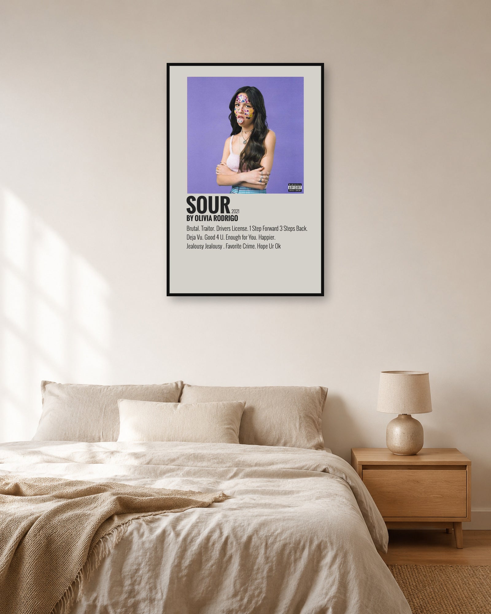Olivia Rodrigo SOUR Minimalist Album Tracklist Poster | Unframed Wall Art - bedroom mockup
