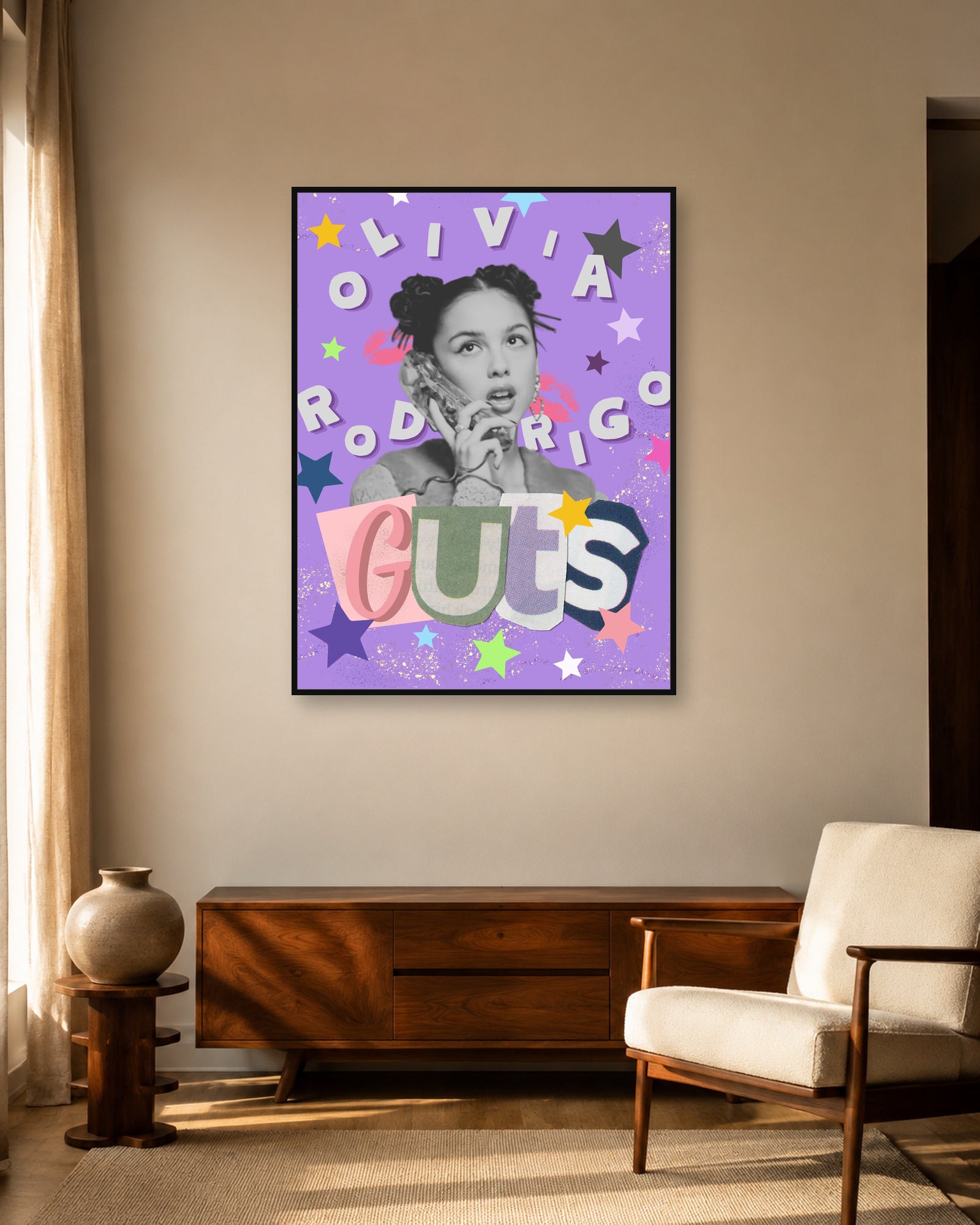 Olivia Rodrigo GUTS Pop Collage Album Poster | Unframed Wall Art - living room mockup