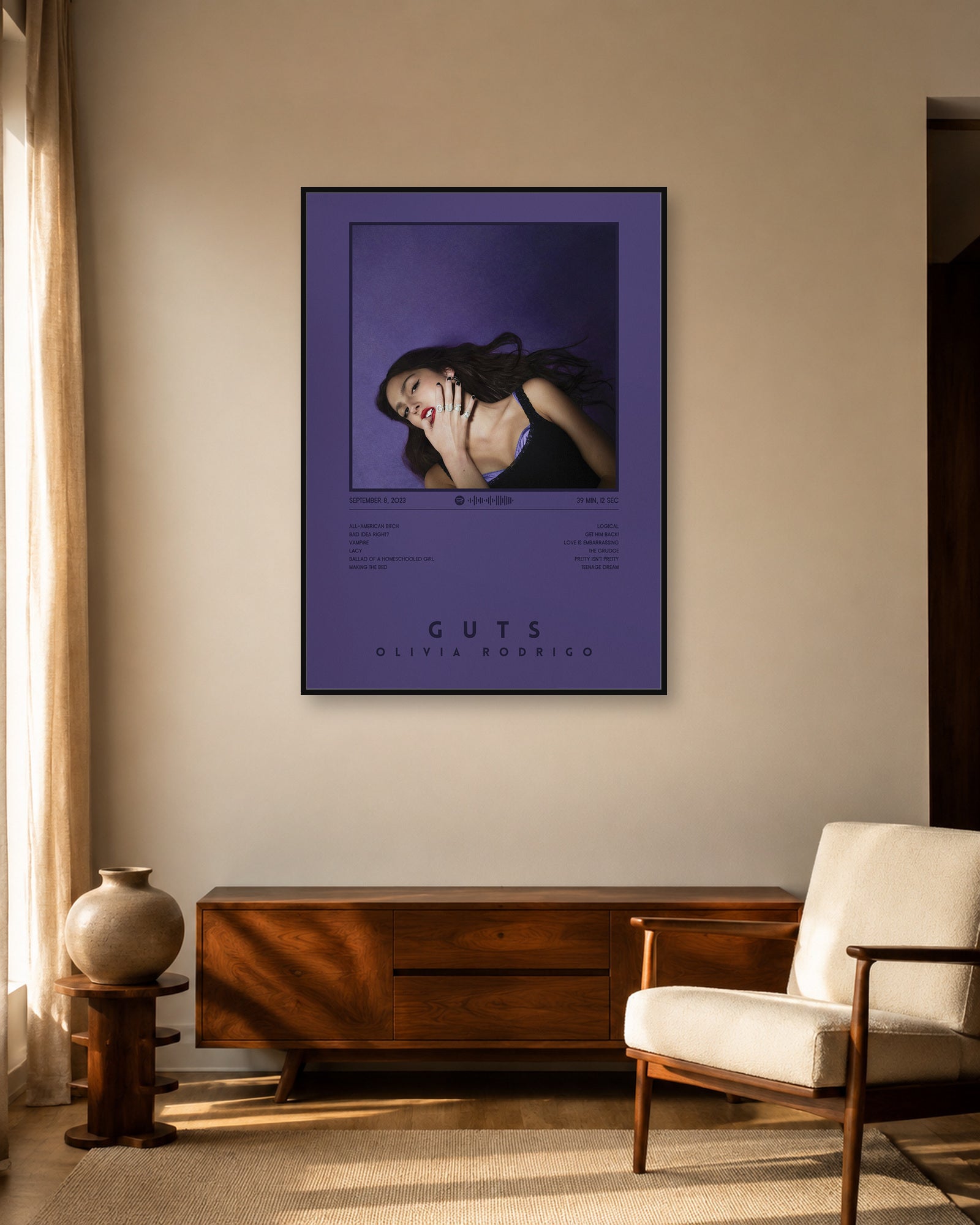Olivia Rodrigo GUTS Dark Purple Album Tracklist Poster | Unframed Wall Art - living room mockup