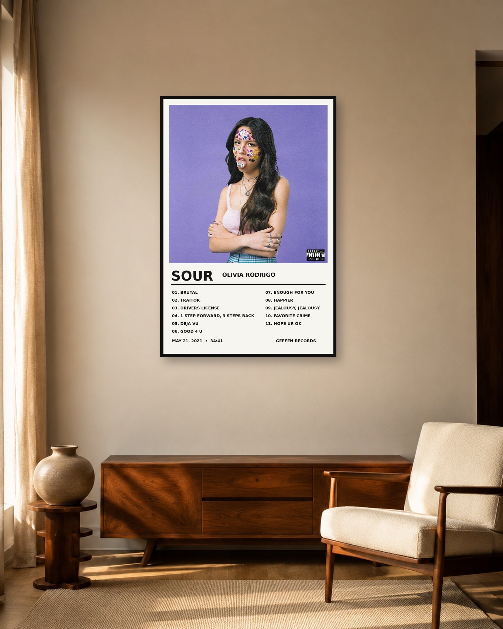 Olivia Rodrigo SOUR Album Stats Tracklist Poster | Unframed Wall Art - living room mockup