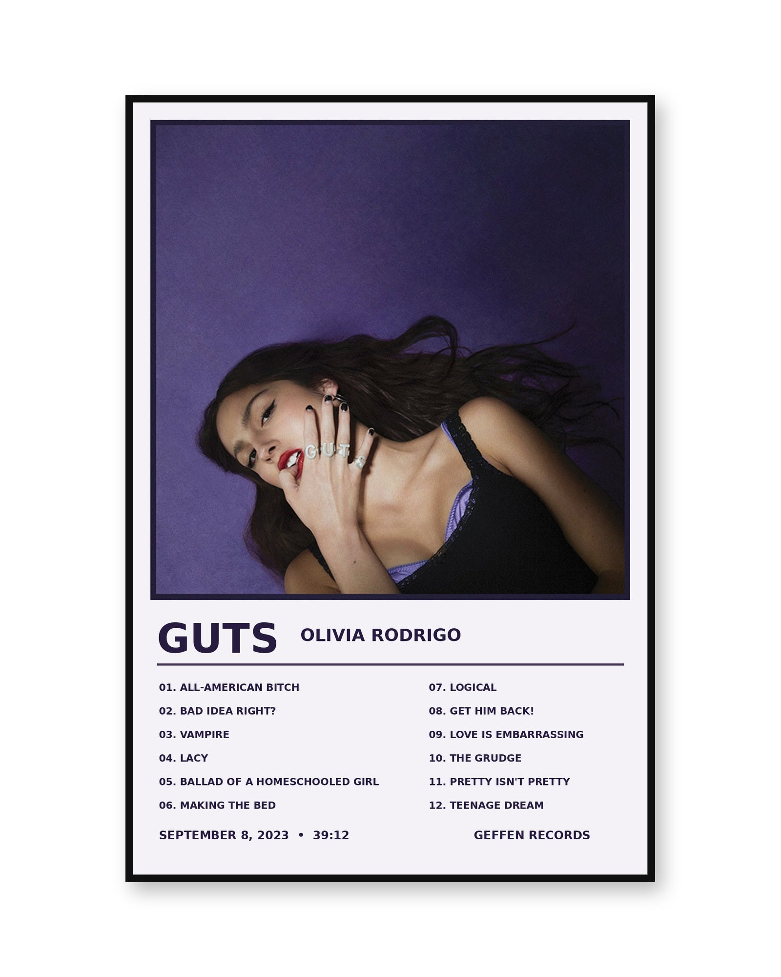 Olivia Rodrigo GUTS Album Tracklist Poster | Unframed Wall Art - white background product image