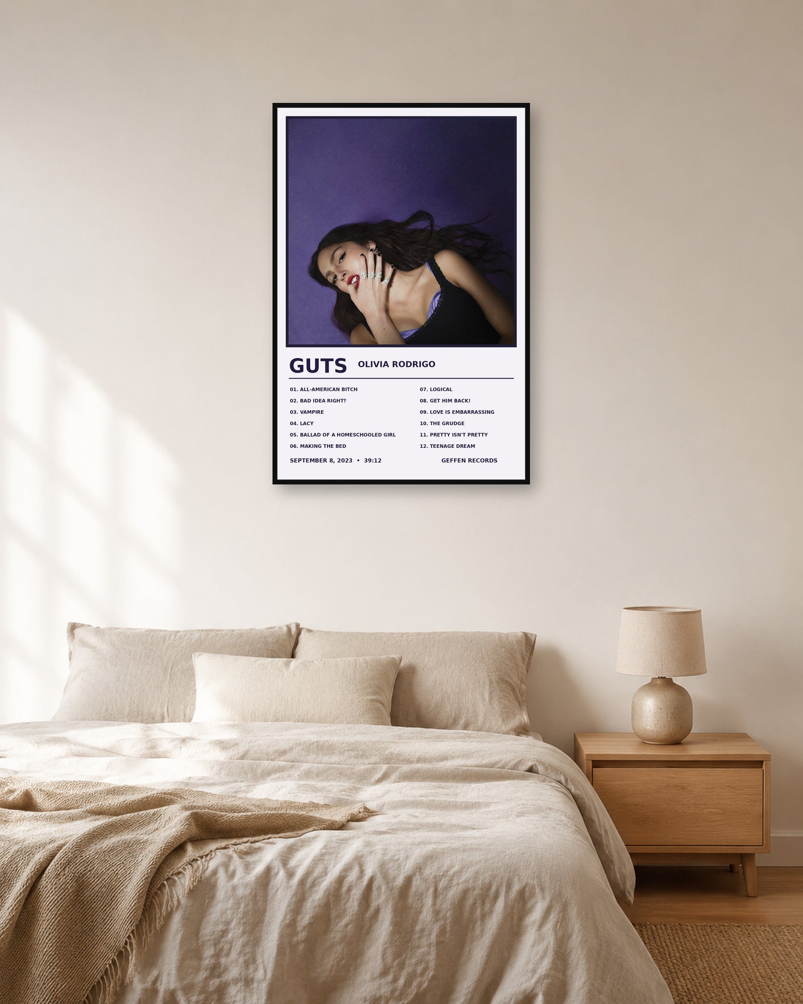 Olivia Rodrigo GUTS Album Tracklist Poster | Unframed Wall Art - bedroom mockup