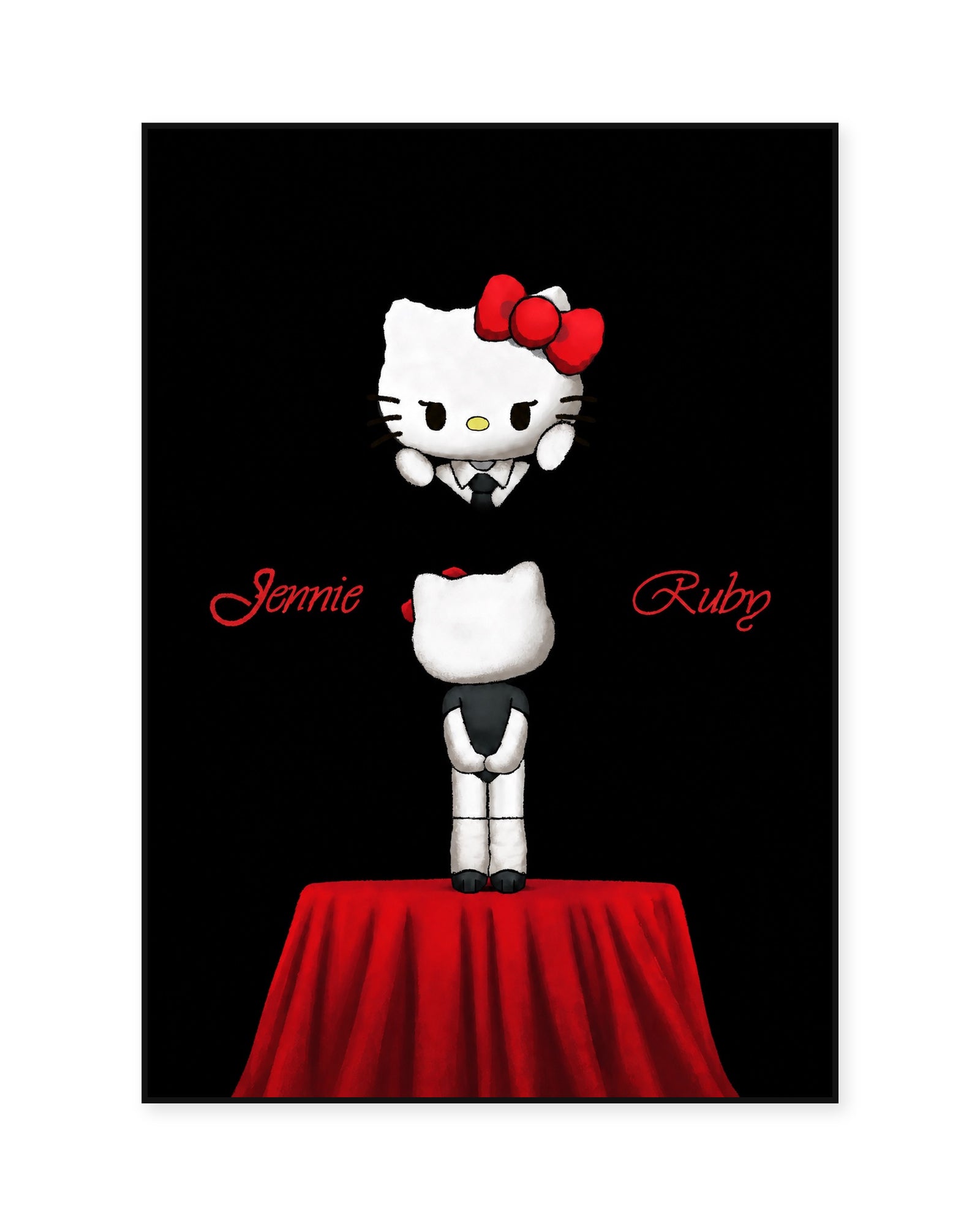 JENNIE Ruby Hello Kitty fan art poster — white background, thin black display frame