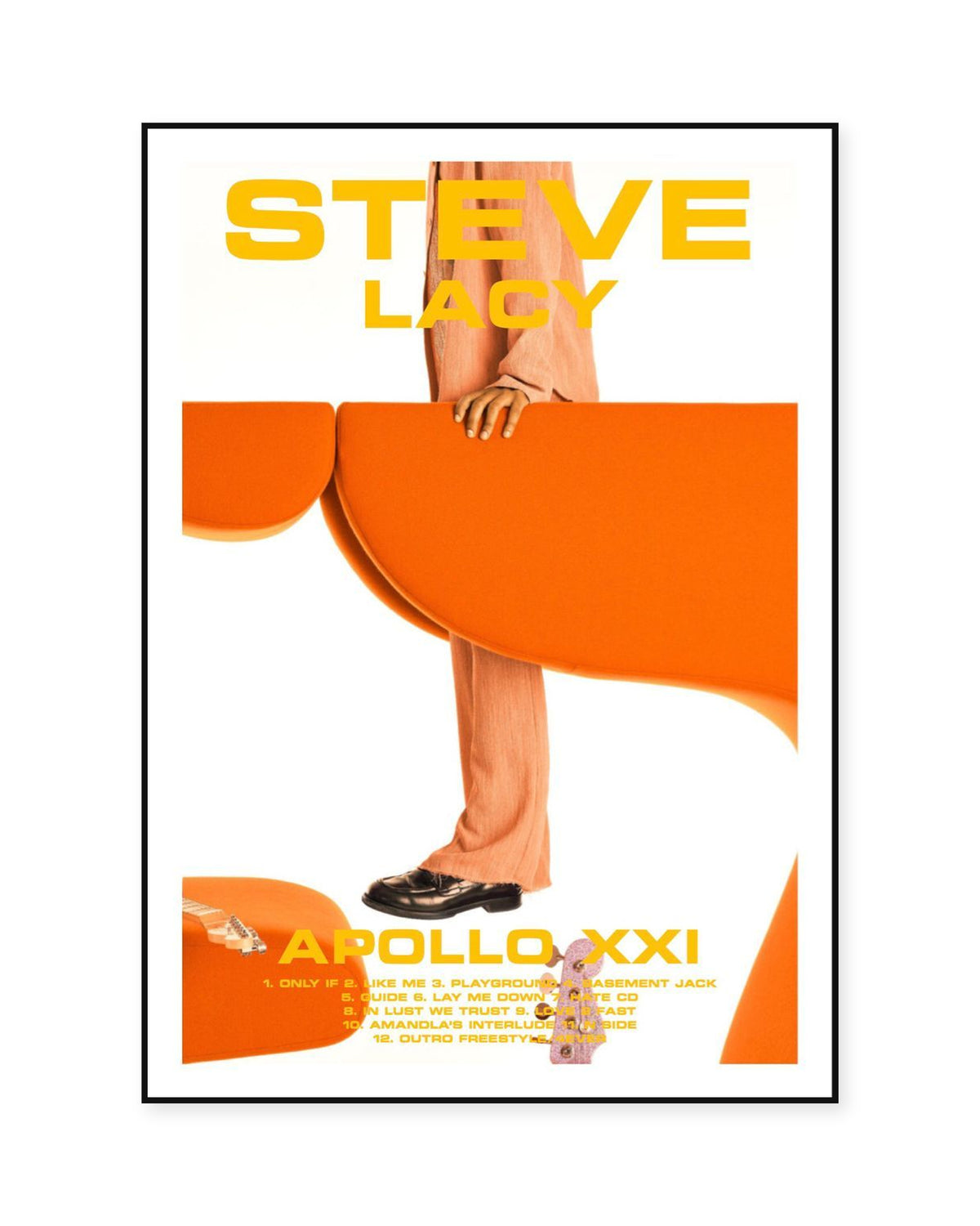 Steve Lacy Apollo XXI Orange & Yellow Typography poster — front view in a thin black display frame