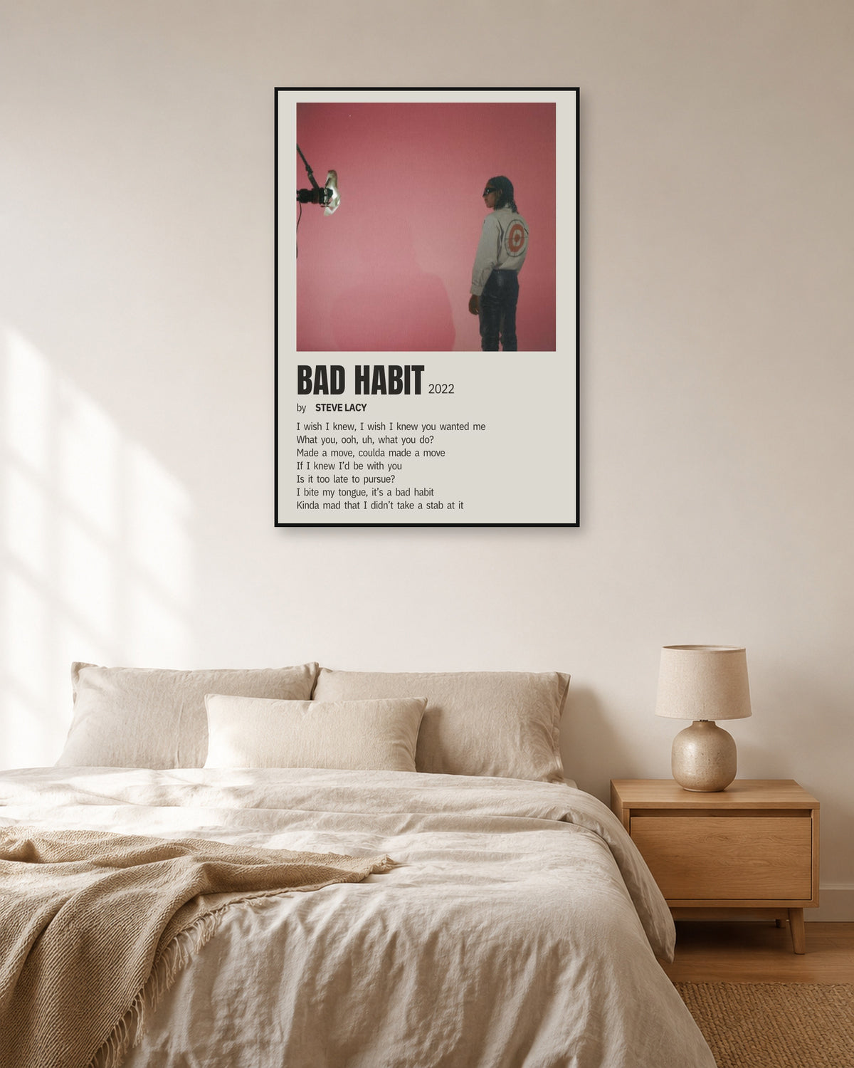 Steve Lacy Bad Habit Rose Lyric poster — natural-light bedroom display