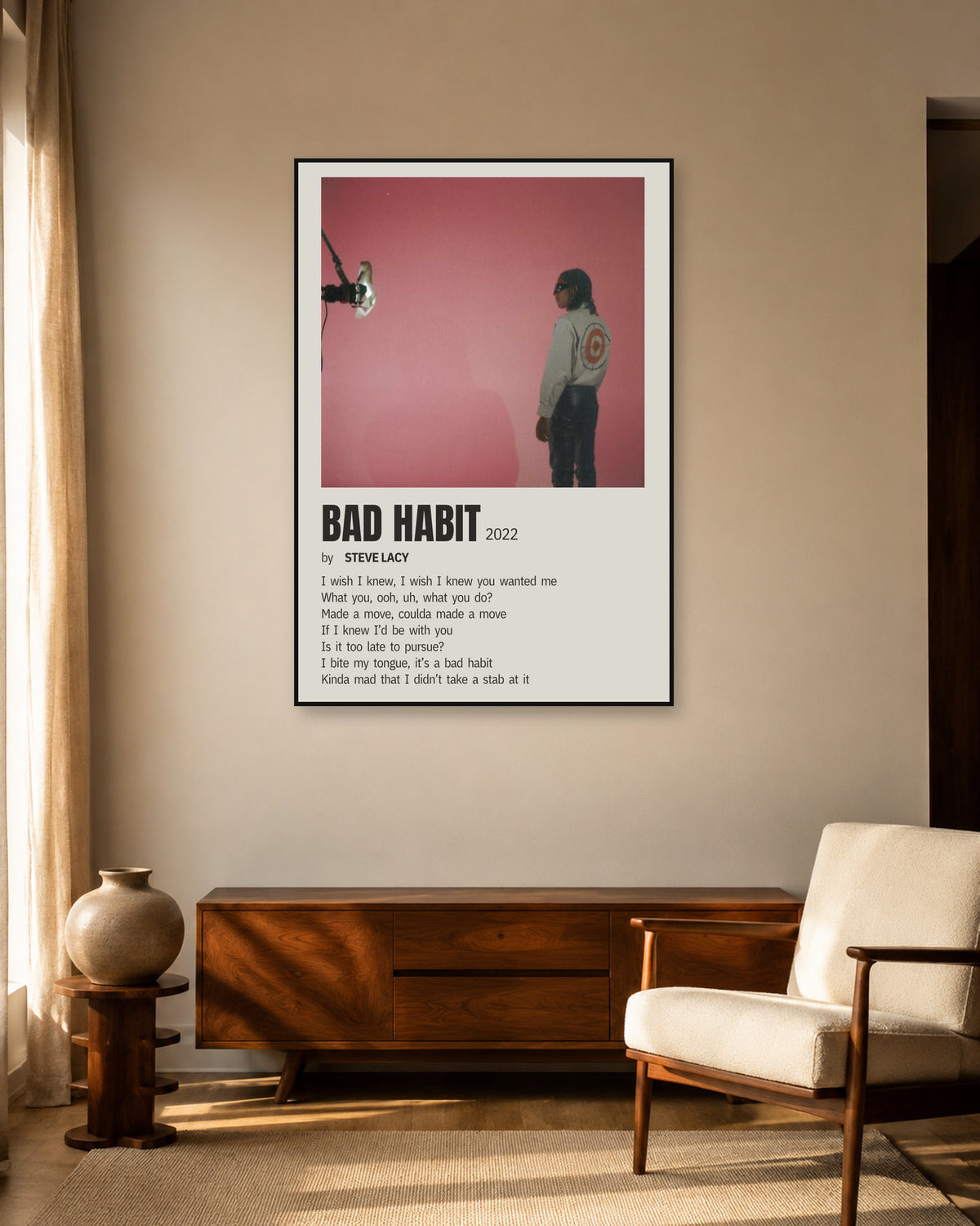 Steve Lacy Bad Habit Rose Lyric poster — warm mid-century living room display