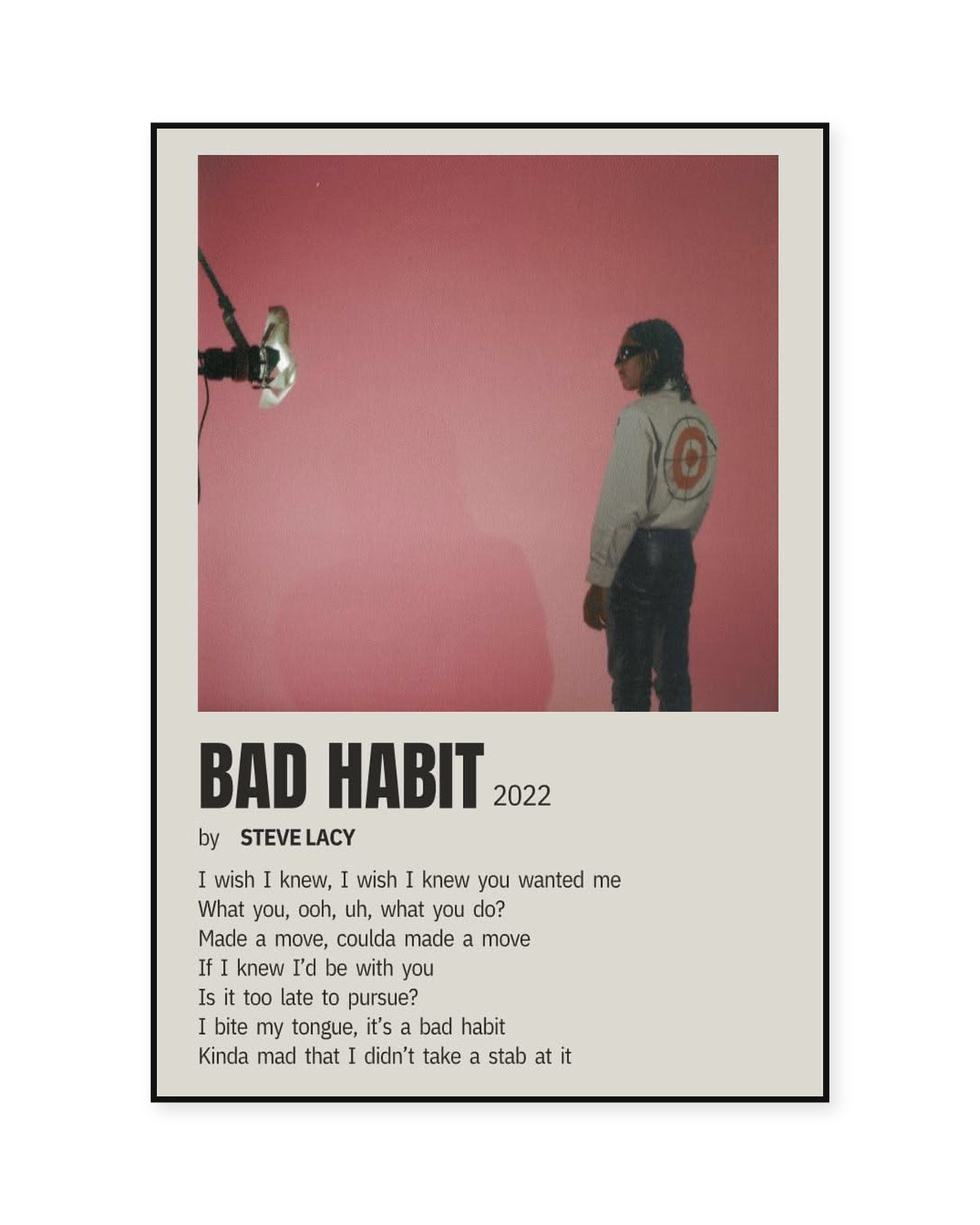 Steve Lacy Bad Habit Rose Lyric poster — front view in a thin black display frame