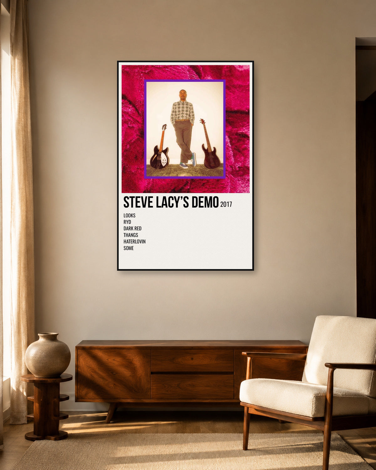 Steve Lacy's Demo Magenta Tracklist poster — warm mid-century living room display