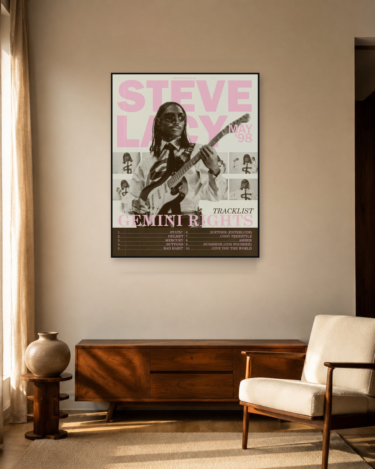 Steve Lacy Gemini Rights Pink Guitar Collage poster — warm mid-century living room display