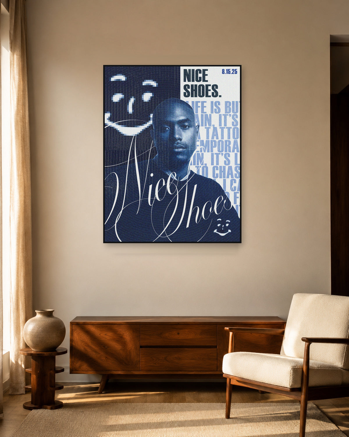 Steve Lacy Nice Shoes Blue Typography poster — warm mid-century living room display