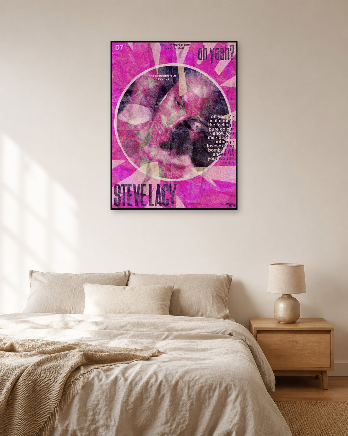 Steve Lacy Oh yeah? Magenta Sunburst poster — natural-light bedroom display