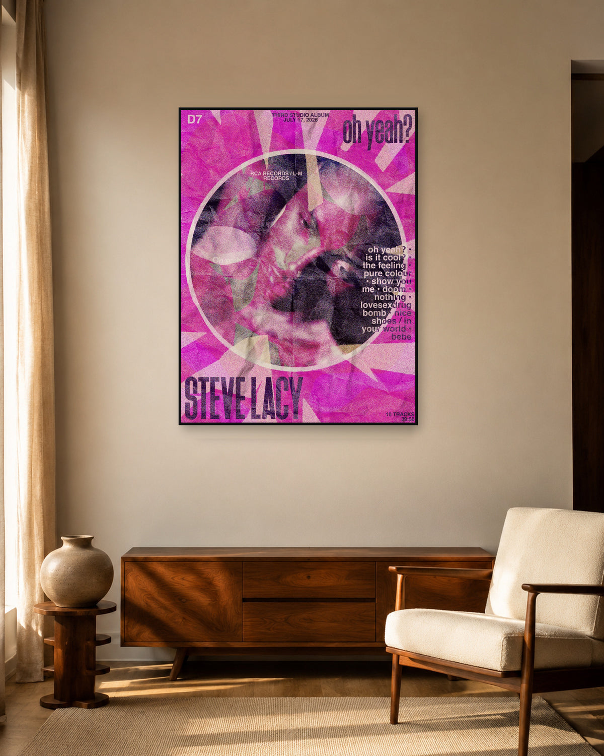 Steve Lacy Oh yeah? Magenta Sunburst poster — warm mid-century living room display