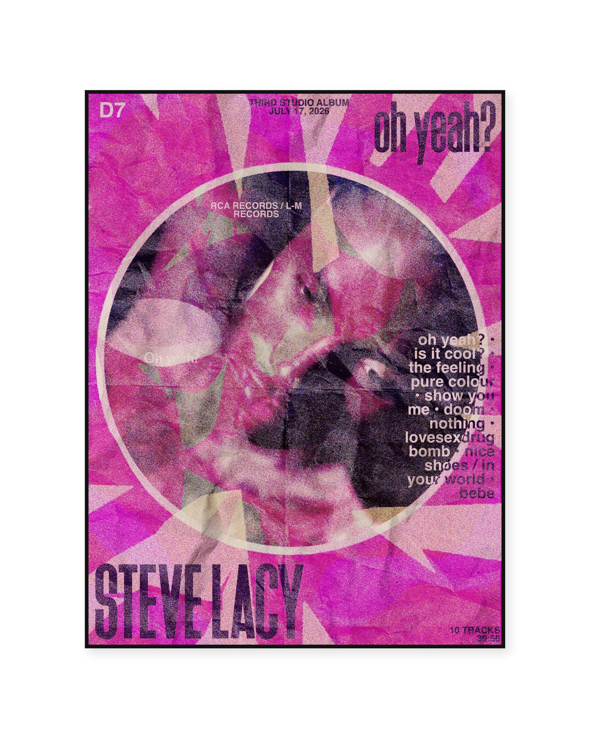 Steve Lacy Oh yeah? Magenta Sunburst poster — front view in a thin black display frame