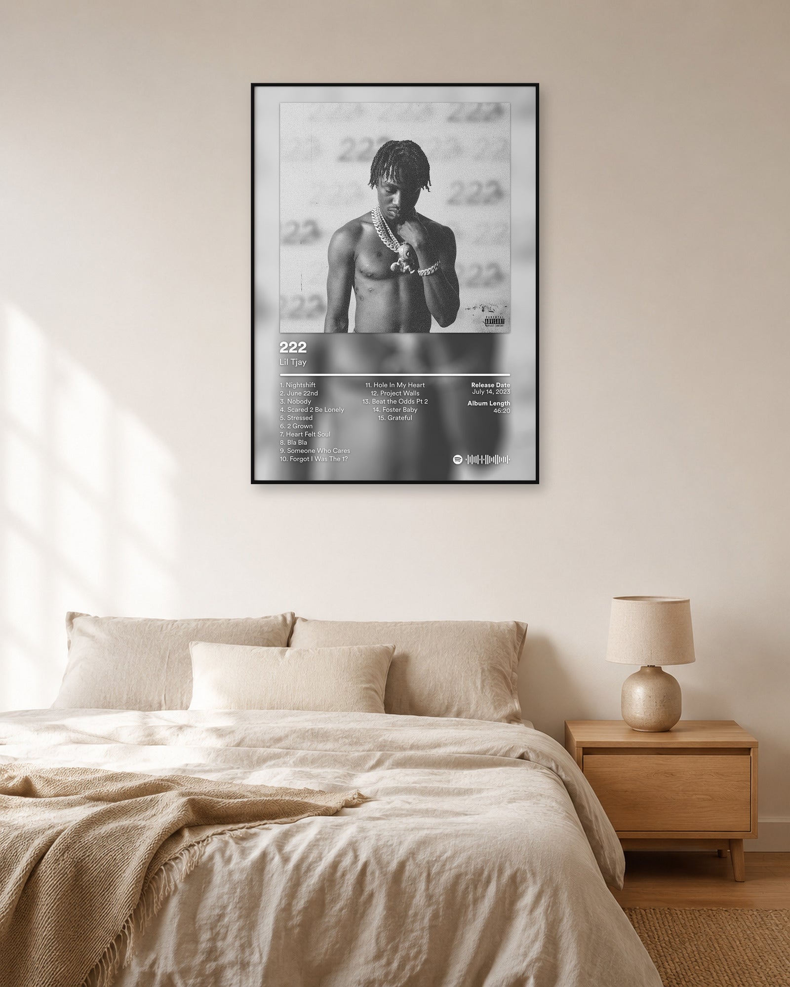 Lil Tjay 222 Monochrome Tracklist poster — natural-light bedroom display