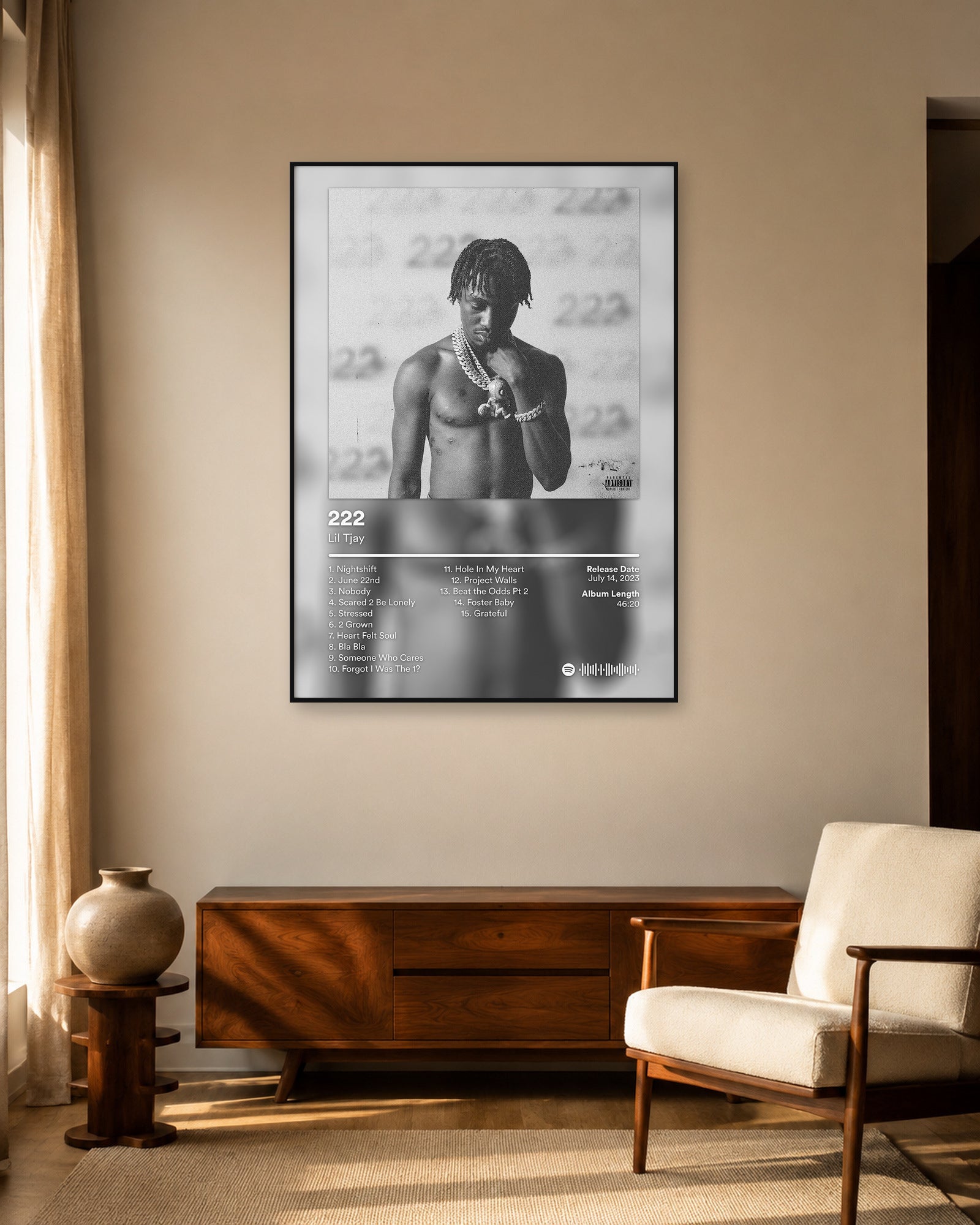 Lil Tjay 222 Monochrome Tracklist poster — warm mid-century living room display