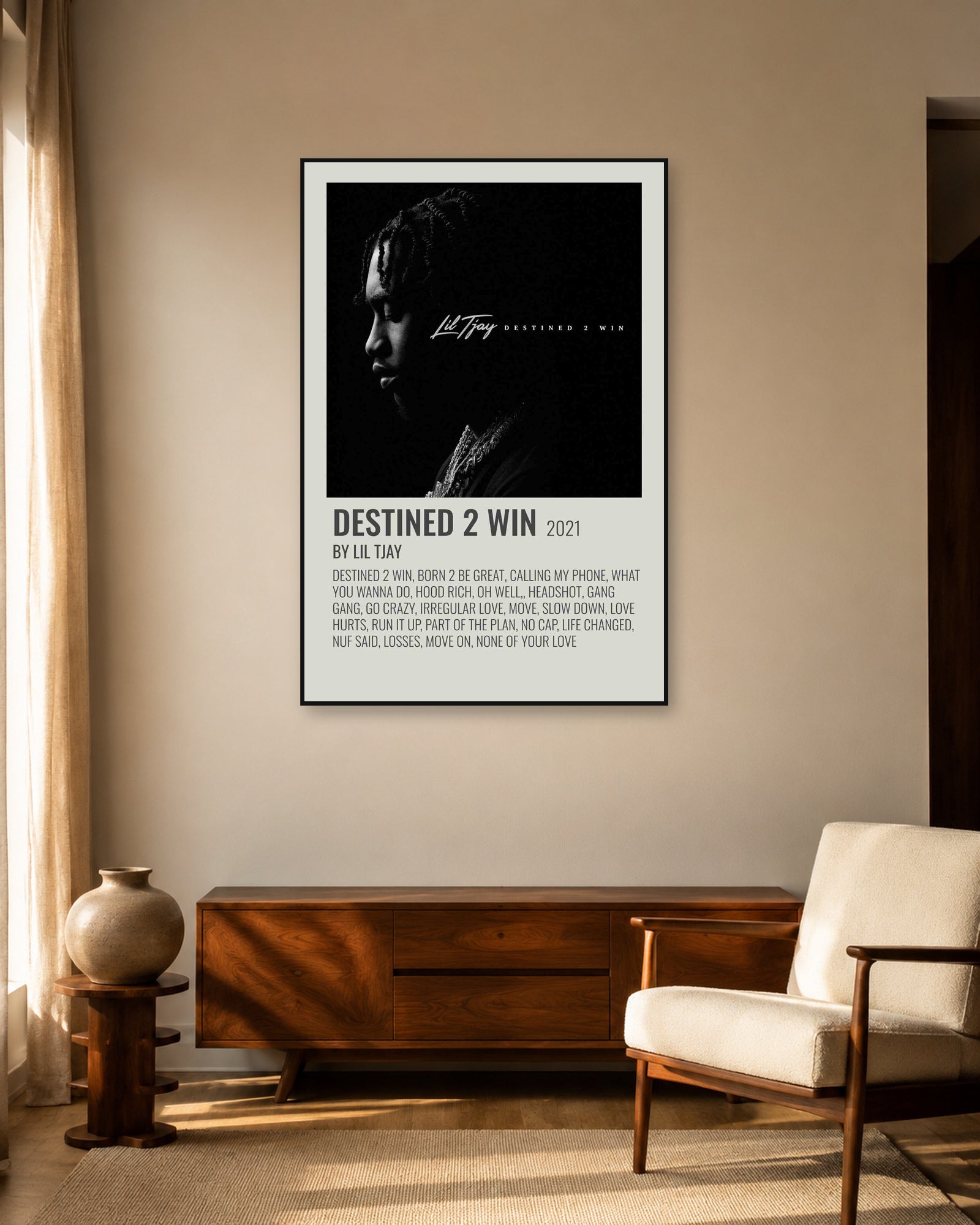 Lil Tjay Destined 2 Win Sage Tracklist poster — warm mid-century living room display