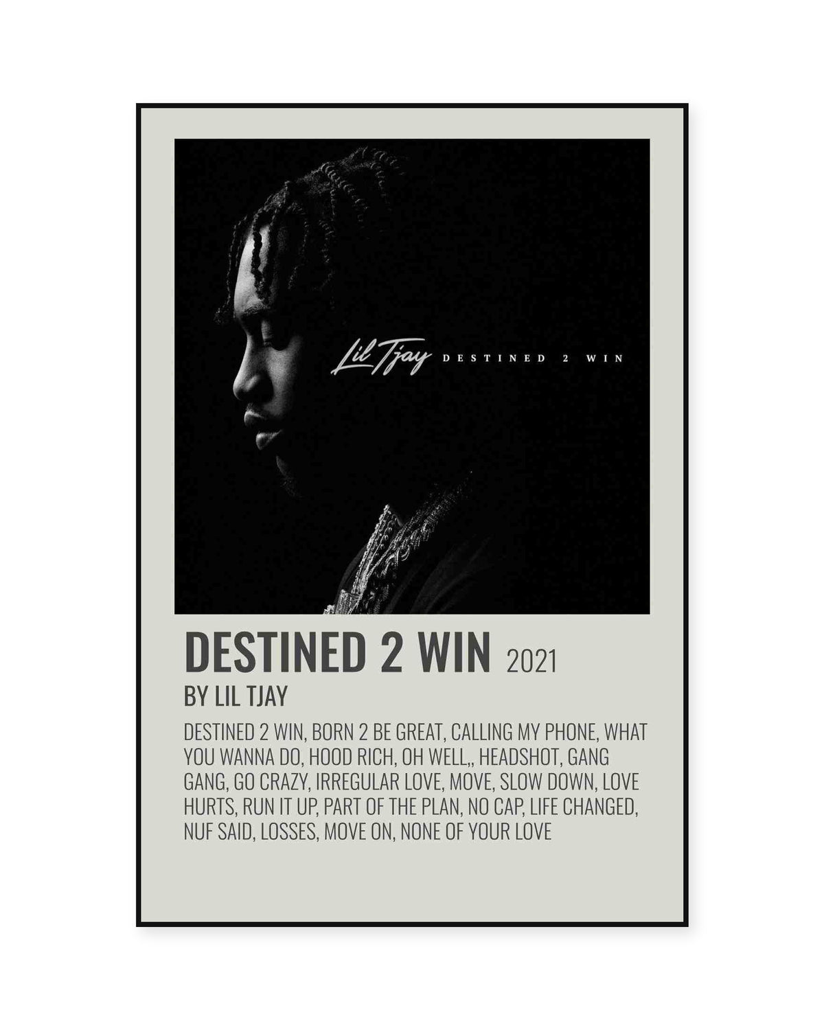 Lil Tjay Destined 2 Win Sage Tracklist poster — front view in a thin black display frame