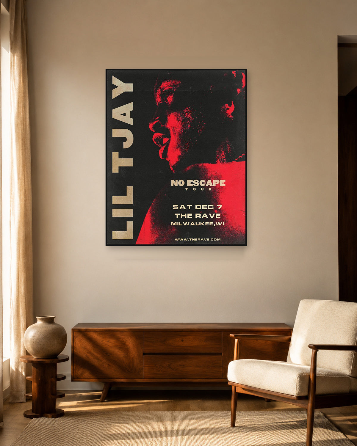 Lil Tjay No Escape Tour Red Milwaukee poster — warm mid-century living room display