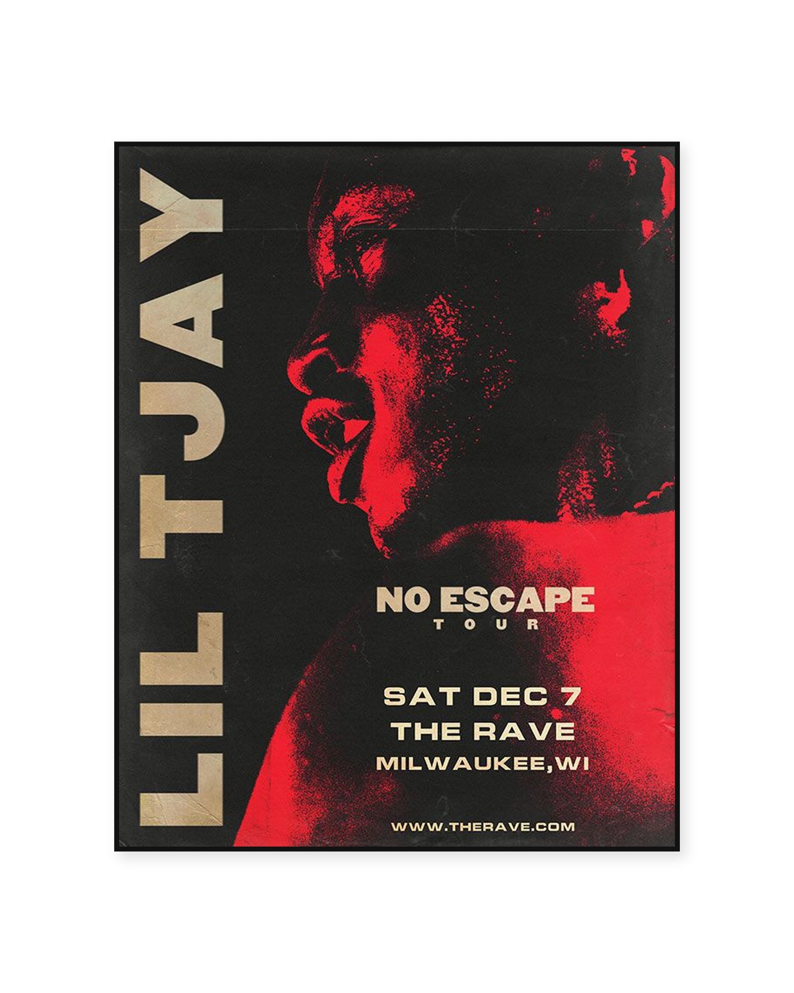 Lil Tjay No Escape Tour Red Milwaukee poster — front view in a thin black display frame