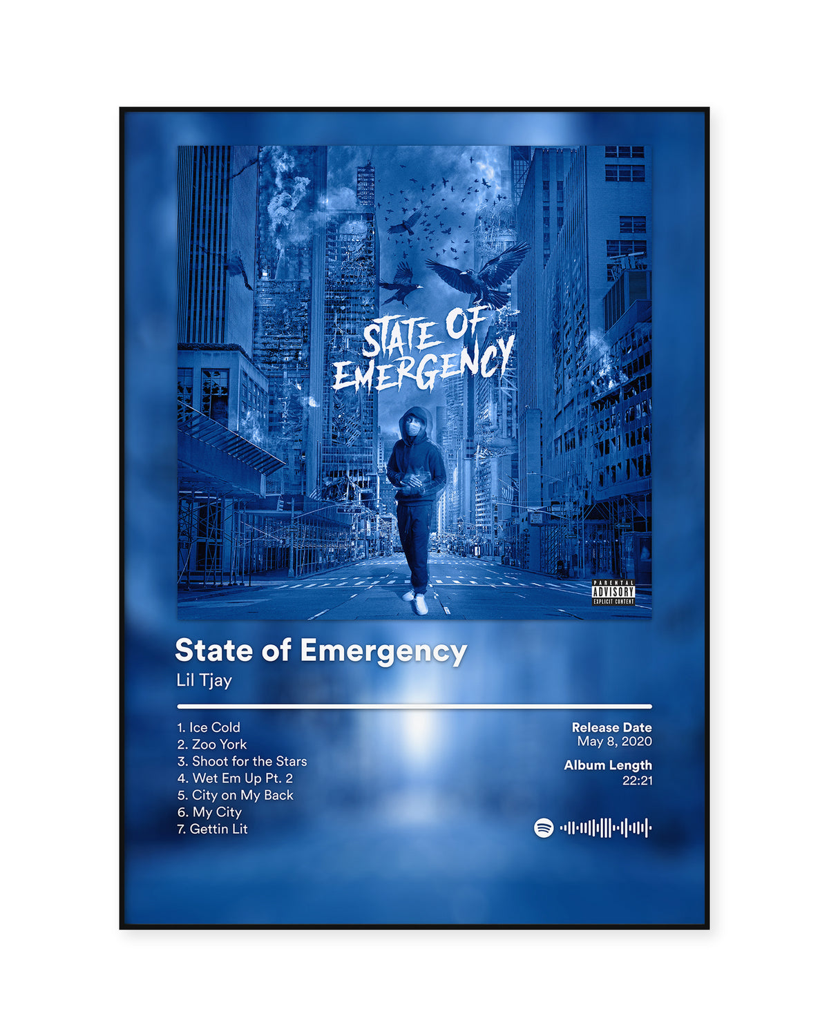 Lil Tjay State of Emergency Blue City Tracklist poster — front view in a thin black display frame