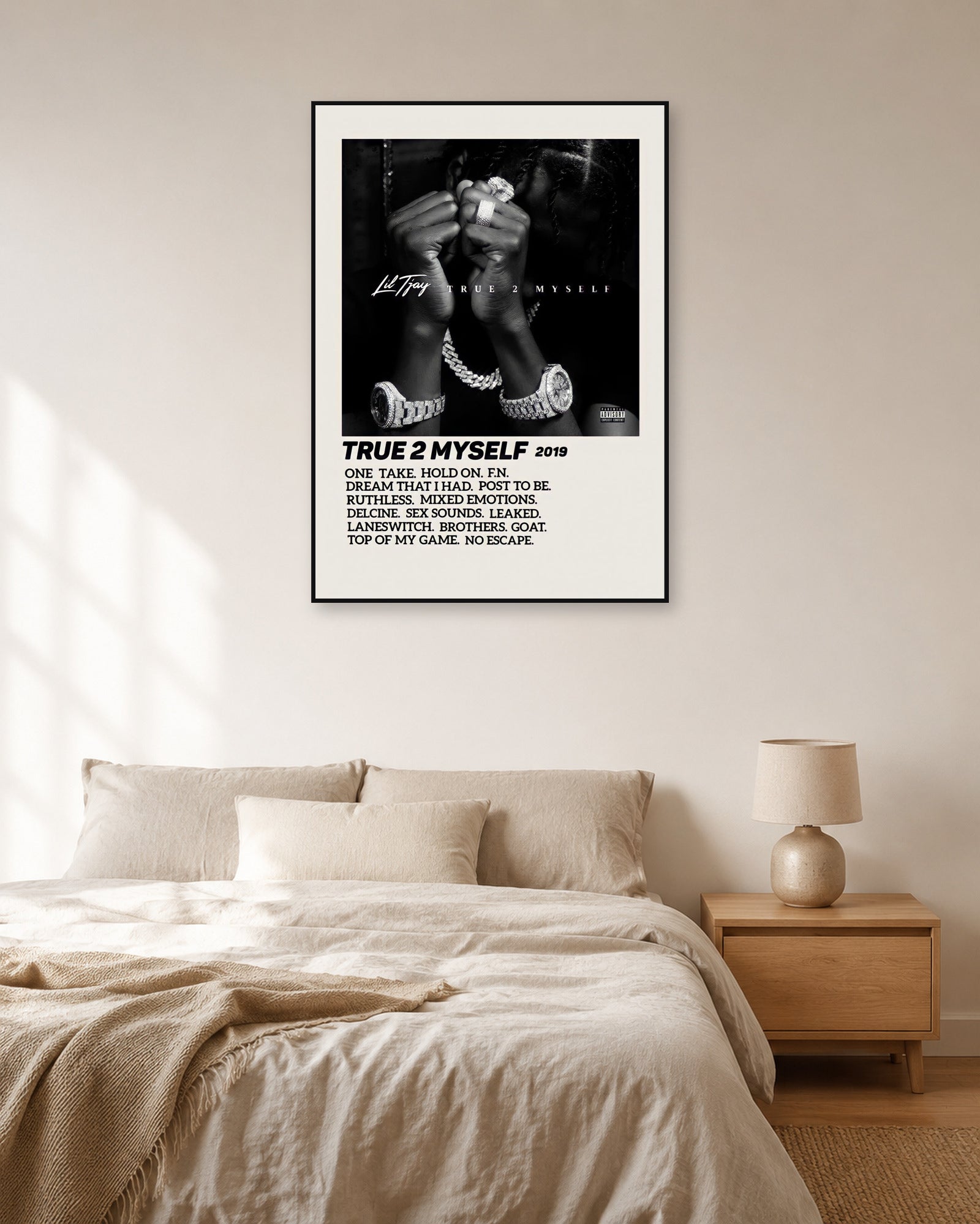 Lil Tjay True 2 Myself Cream Tracklist poster — natural-light bedroom display