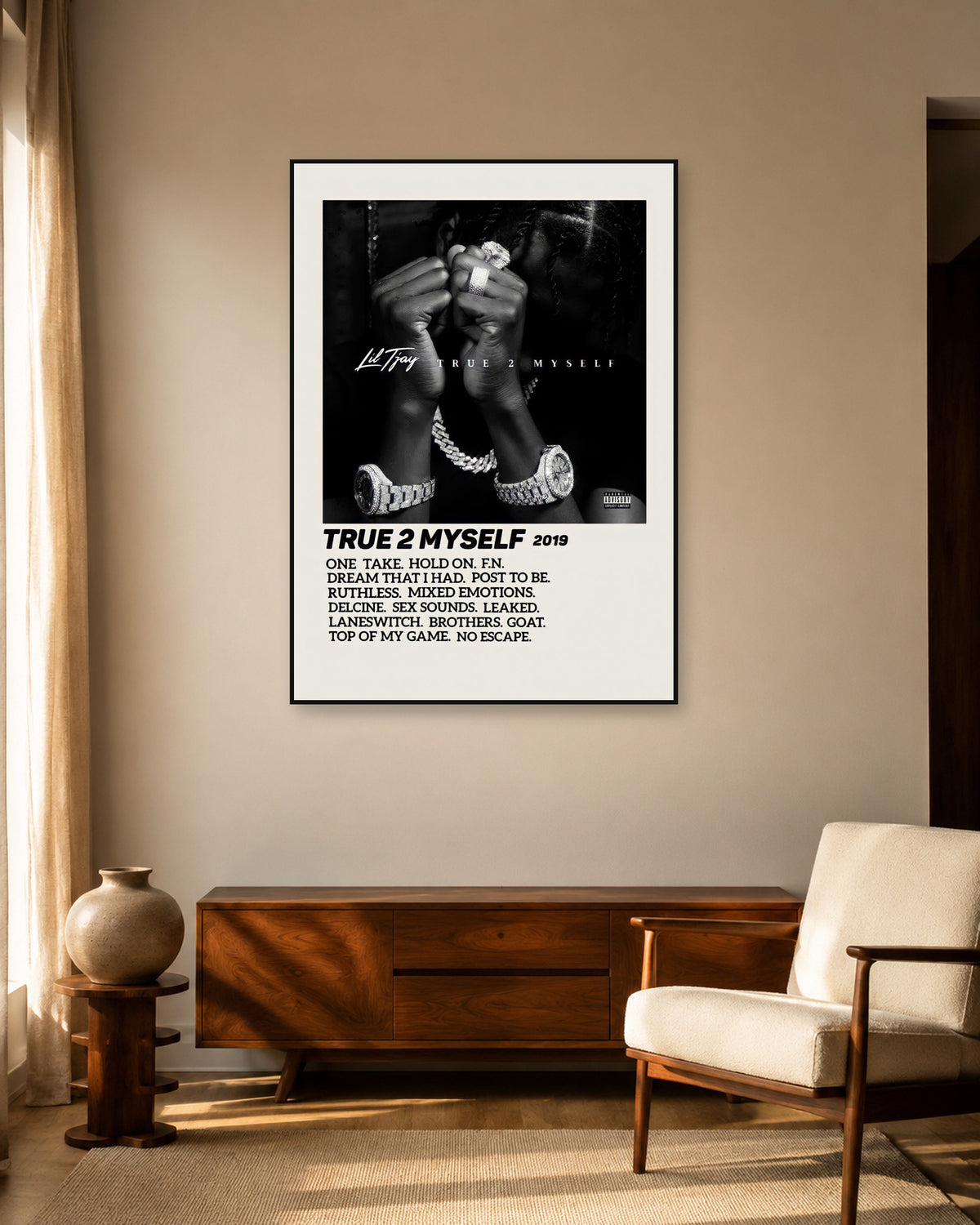 Lil Tjay True 2 Myself Cream Tracklist poster — warm mid-century living room display