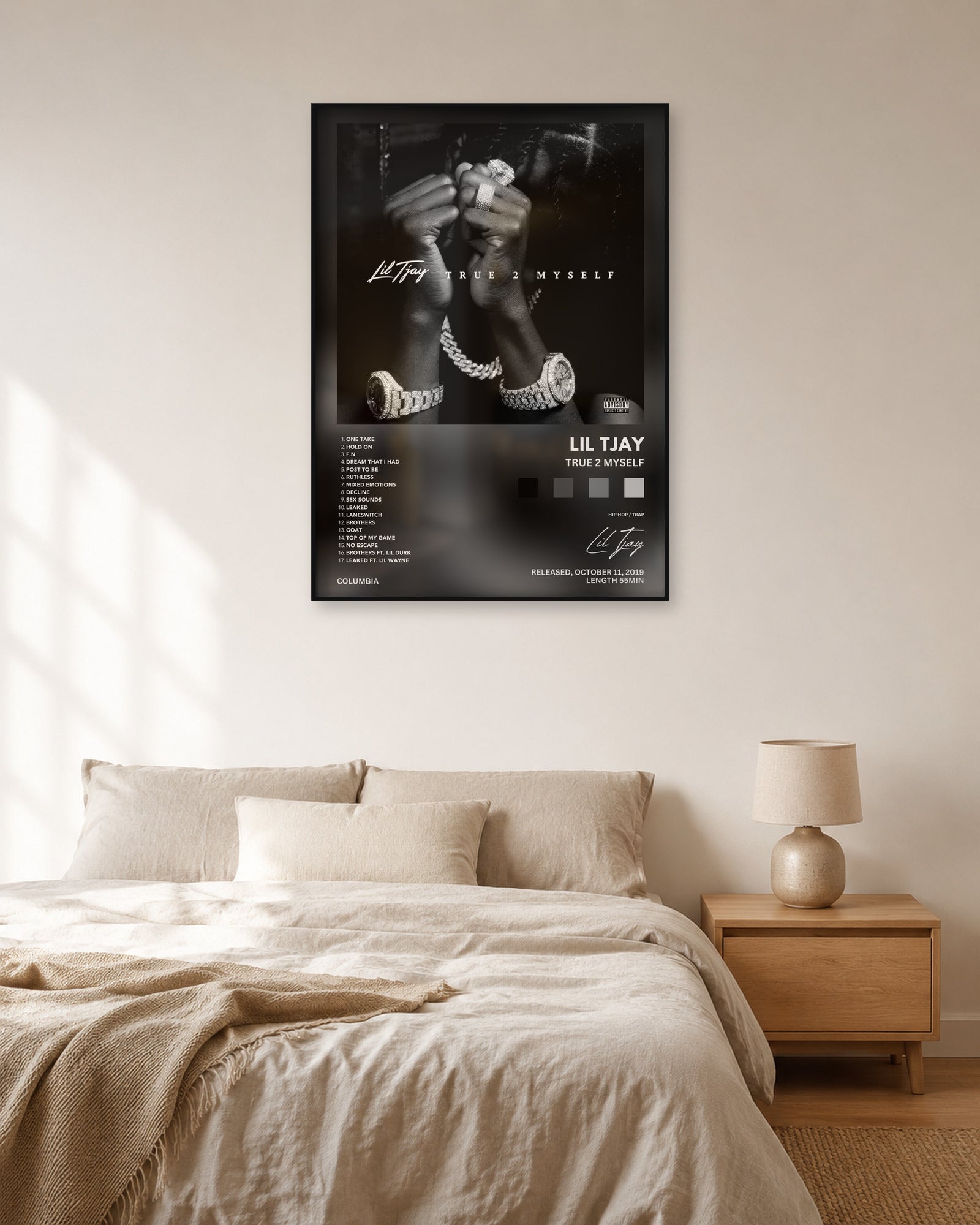 Lil Tjay True 2 Myself Grey Palette Tracklist poster — natural-light bedroom display