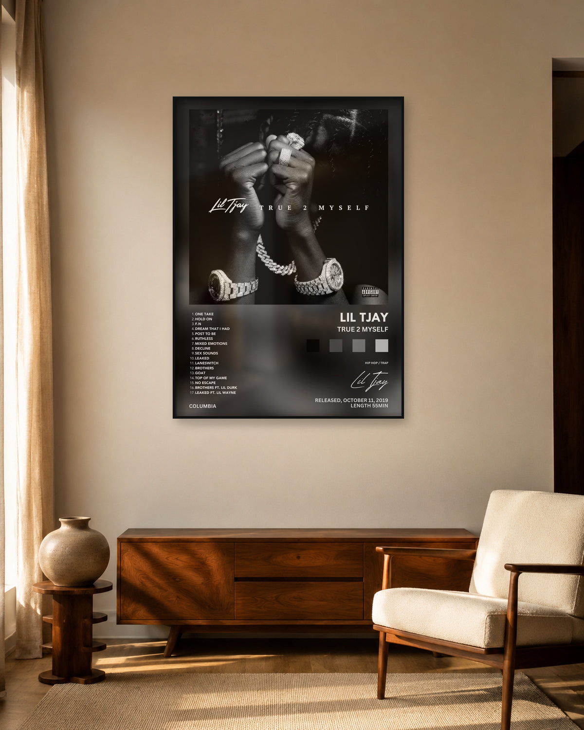 Lil Tjay True 2 Myself Grey Palette Tracklist poster — warm mid-century living room display