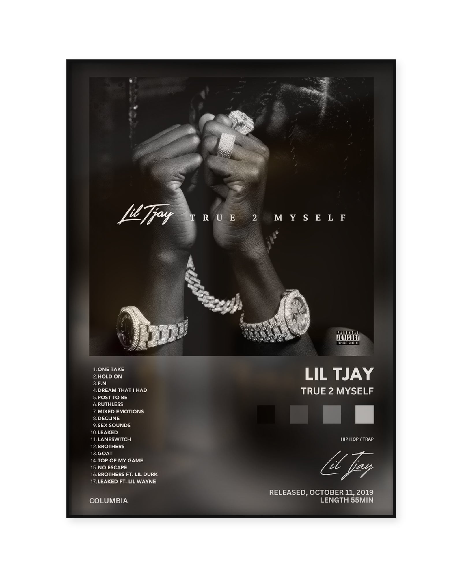 Lil Tjay True 2 Myself Grey Palette Tracklist poster — front view in a thin black display frame
