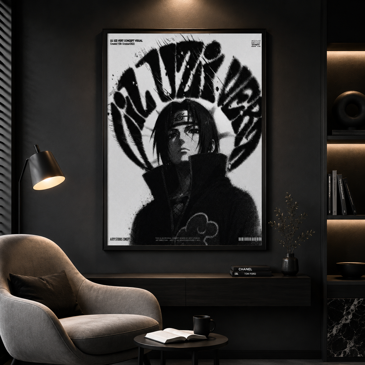 Black-and-white Lil Uzi Vert and Itachi poster displayed as a single focal point in a dark room